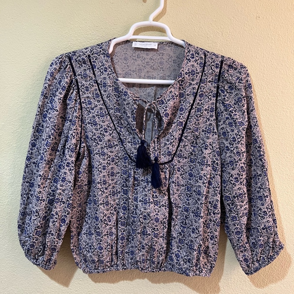 Lucky Brand Peasant Tassel Top Gray Blue Boho Sz M New e1